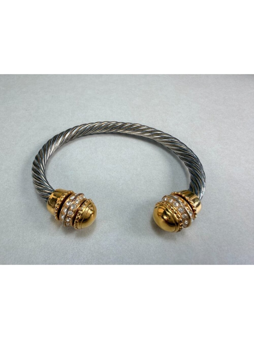 Cable Twist Cuff Bracelet Rhinestone End Caps Two Tone Statement Bangle